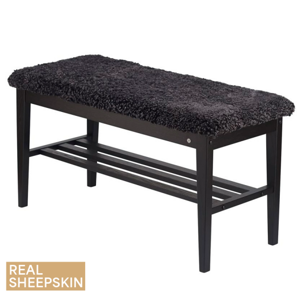 Oscarssons Mobel Nadja bench black real sheepskin dark grey kuva