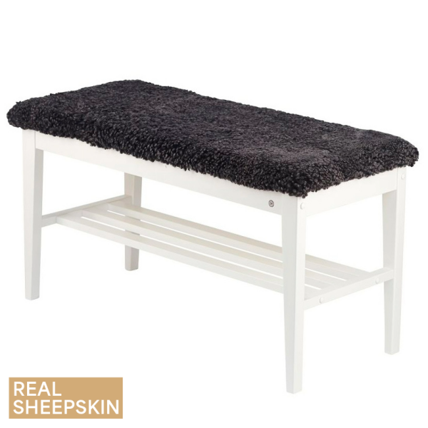 Oscarssons Mobel Nadja bench white real sheepskin dark grey kuva