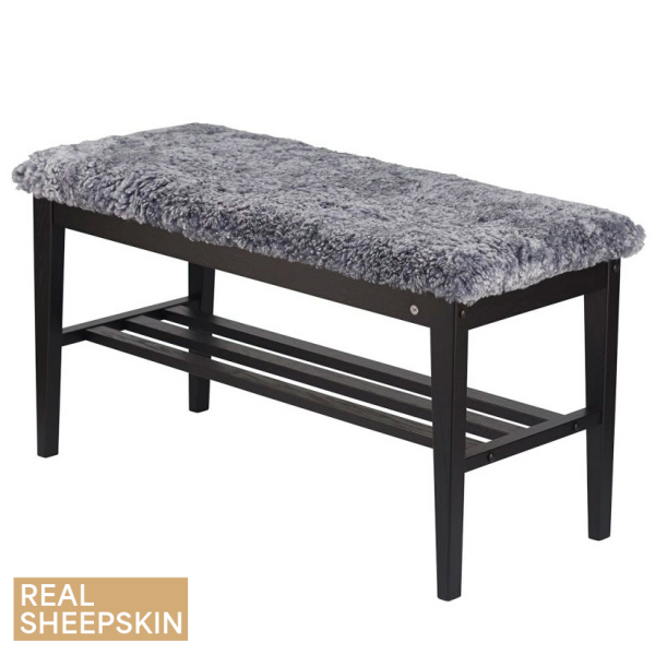 Oscarssons Mobel Nadja bench black real sheepskin light grey kuva
