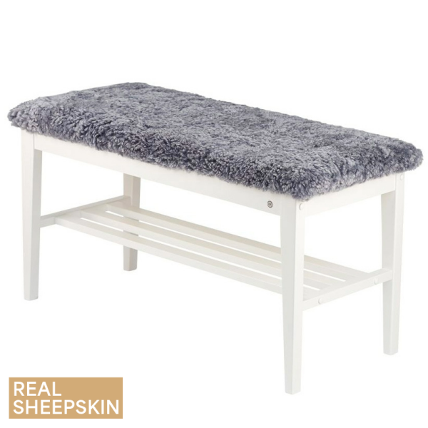Oscarssons Mobel Nadja bench white real sheepskin light grey kuva