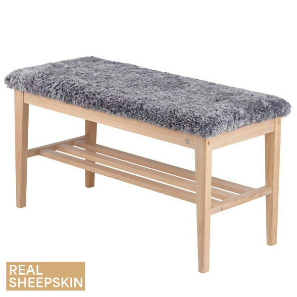 Oscarssons Mobel Nadja bench white oil real sheepskin light grey kuva