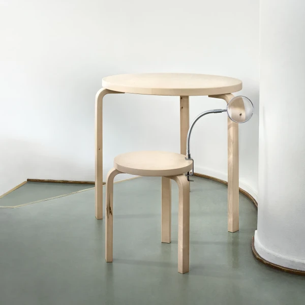 Artek Forest Collection In Situ Aalto Table Round 90A and Stool 60 wild birch image