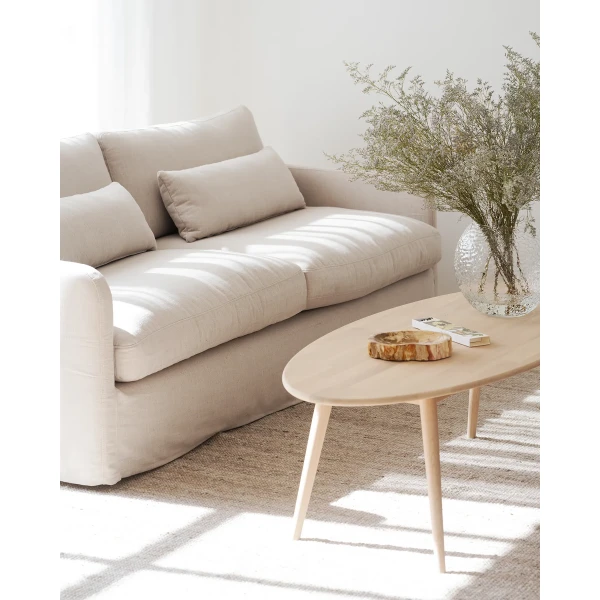 Payton 3 seater sofa in beige fabric Tompkins Coffee table elliptical whitewash kuva