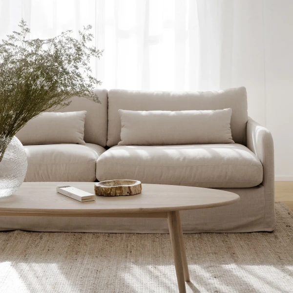 Rowico Payton 3 seater sofa in beige fabric Tompkins Coffee table elliptical whitewash oak 05 kuva