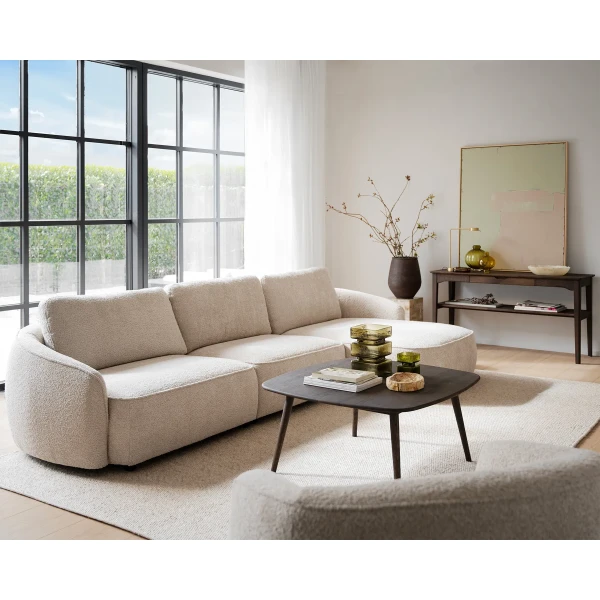 Rowico Norris 3 seater chaise longue R light beige Tompkins coffee table square brown oak Markham console table in brown oak Dermot sofa chair light beige Anna 2 03 kuva