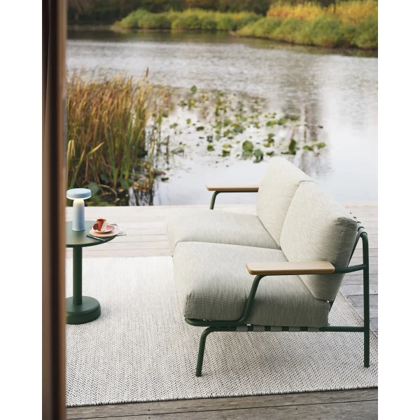 Settle 2 seater ribbed weave 2 dark green ease light blue linear steel coffee table ply rug kuva