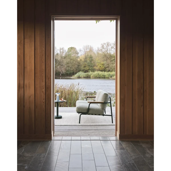 Settle 2 seater ribbed weave 2 dark green ease light blue linear steel coffee table kuva