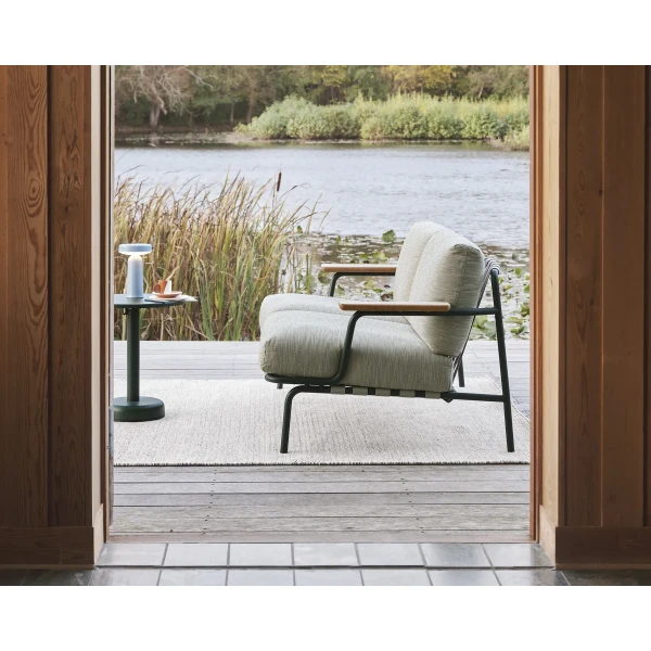 Settle 2 seater ribbed weave 2 dark green ease light blue linear steel coffee table ply rug recycled poly org 150 kuva