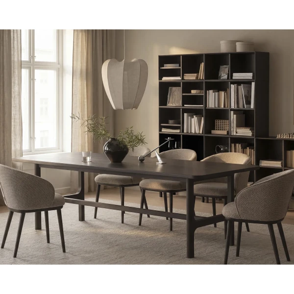 270151 123406 270426 270427 b mb Judson armchair medium beige brown Driscoll dining table brown Scottsdale shelf box brown 01 kuva