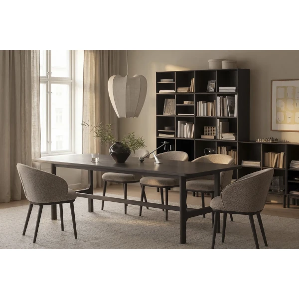 270151 123406 270426 270427 b mb Judson armchair medium beige brown Driscoll dining table brown Scottsdale shelf box brown 01 kuva