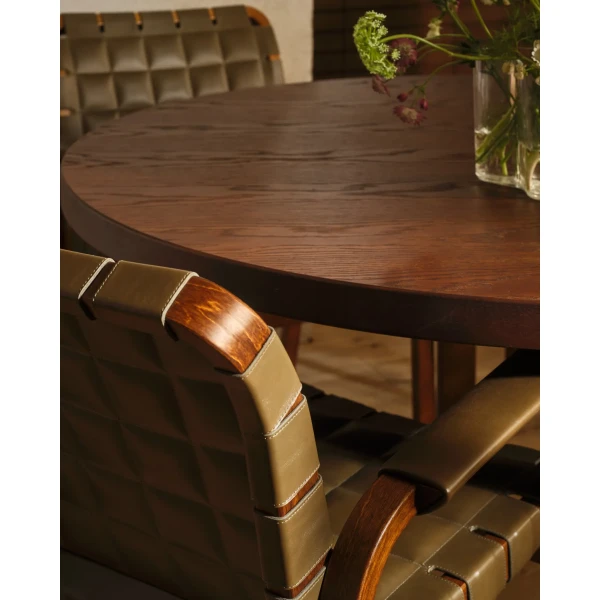 9281355 Artek Crafted Through Time in situ Armchair 45 envy olive flatwrap Aalto Table round walnut stain image
