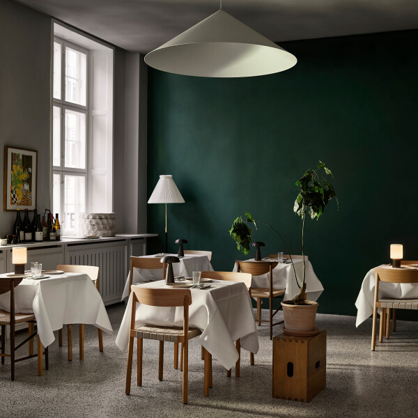 Betty TK1 Oak w Natural Linen IDrawn HM3 inOiled Walnut IComo SC53 IManhattan SC52 IFlowerpot VP3 inPolished Stainless Steel ICollect Glass SC60 image