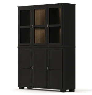 Englesson CAMDEN vitriinikaappi 3+3 lasi-/puuovea, valaistuksella, musta/petsattu tammi kuva