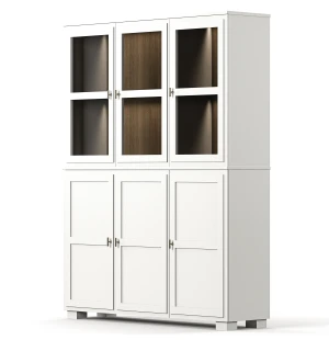 Englesson CAMDEN vitriinikaappi 3+3 lasi-/puuovea, valaistuksella, valkoinen/petsattu tammi kuva