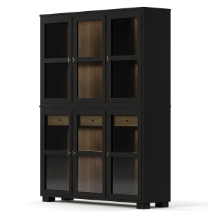 Englesson CAMDEN vitriinikaappi 3+3 lasiovea, valaistuksella, musta/petsattu tammi kuva