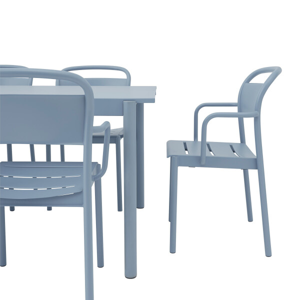 Muuto Linear steel outdoor table 220 pale blue armchairs detail image