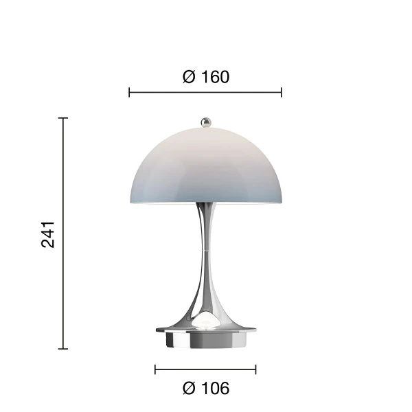 Panthella 160 Portable Lamp EU 160 Opal Original Bluegrey Chrome Measurement kuva