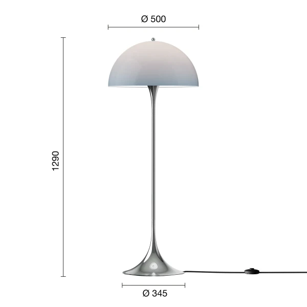 Panthella Originals Floor Lamp 500 Opal Blue Chrome EU Measurement kuva